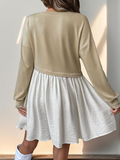 Explore More Collection - Perfee Contrast Round Neck Long Sleeve Mini Dress