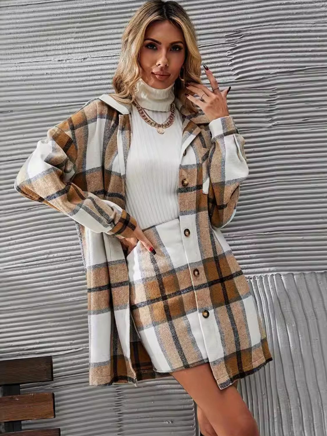 Explore More Collection - Plaid Button Up Long Sleeve Coat and Skirt Set