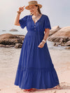 Explore More Collection - Plus Size Lace Detail Tie Neck Short Sleeve Maxi Dress