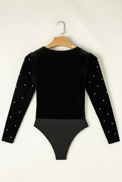 Explore More Collection - Pearl Detail V-Neck Long Sleeve Bodysuit