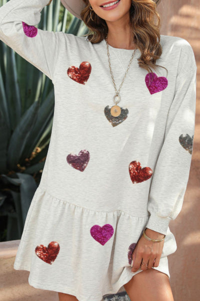 Explore More Collection - Sequin Heart Round Neck Long Sleeve Mini Dress