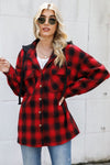 Explore More Collection - Drawstring Plaid Long Sleeve Hooded Shacket