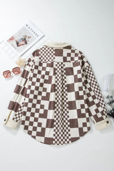 Explore More Collection - Pocketed Checkered Button Up Long Sleeve Jacket