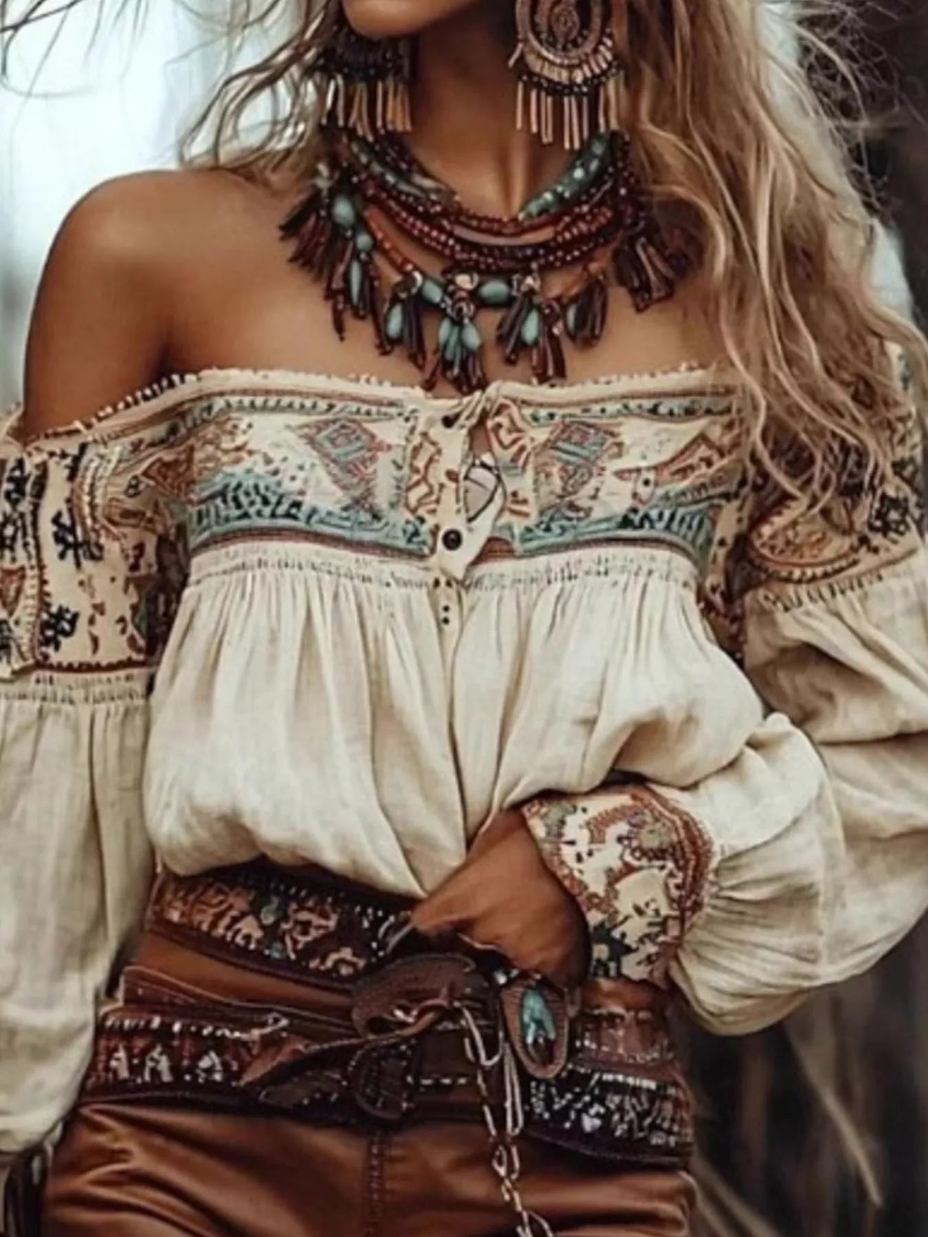 Off-Shoulder Printed Long Sleeve Blouse