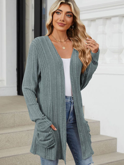 Explore More Collection - Pocketed Open Front Long Sleeve Cardigan