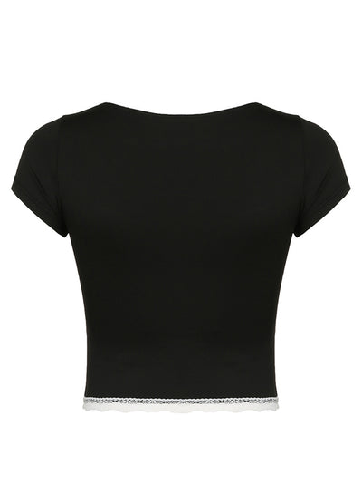 Explore More Collection - Lace Detail Sweetheart Neck Short Sleeve T-Shirt