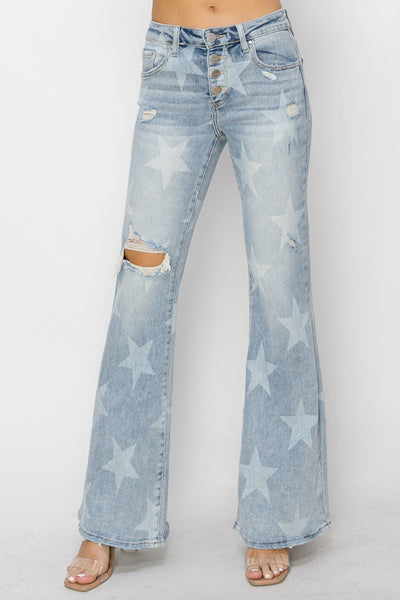 Explore More Collection - RISEN Mid Rise Button Fly Start Print Flare Jeans