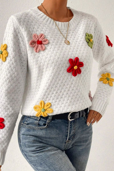 Explore More Collection - Crochet Flower Round Neck Long Sleeve Sweater