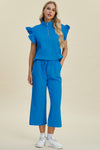 Explore More Collection - Double Take Full Size Texture Ruffle Short Sleeve Top and Wide Leg Pants Set