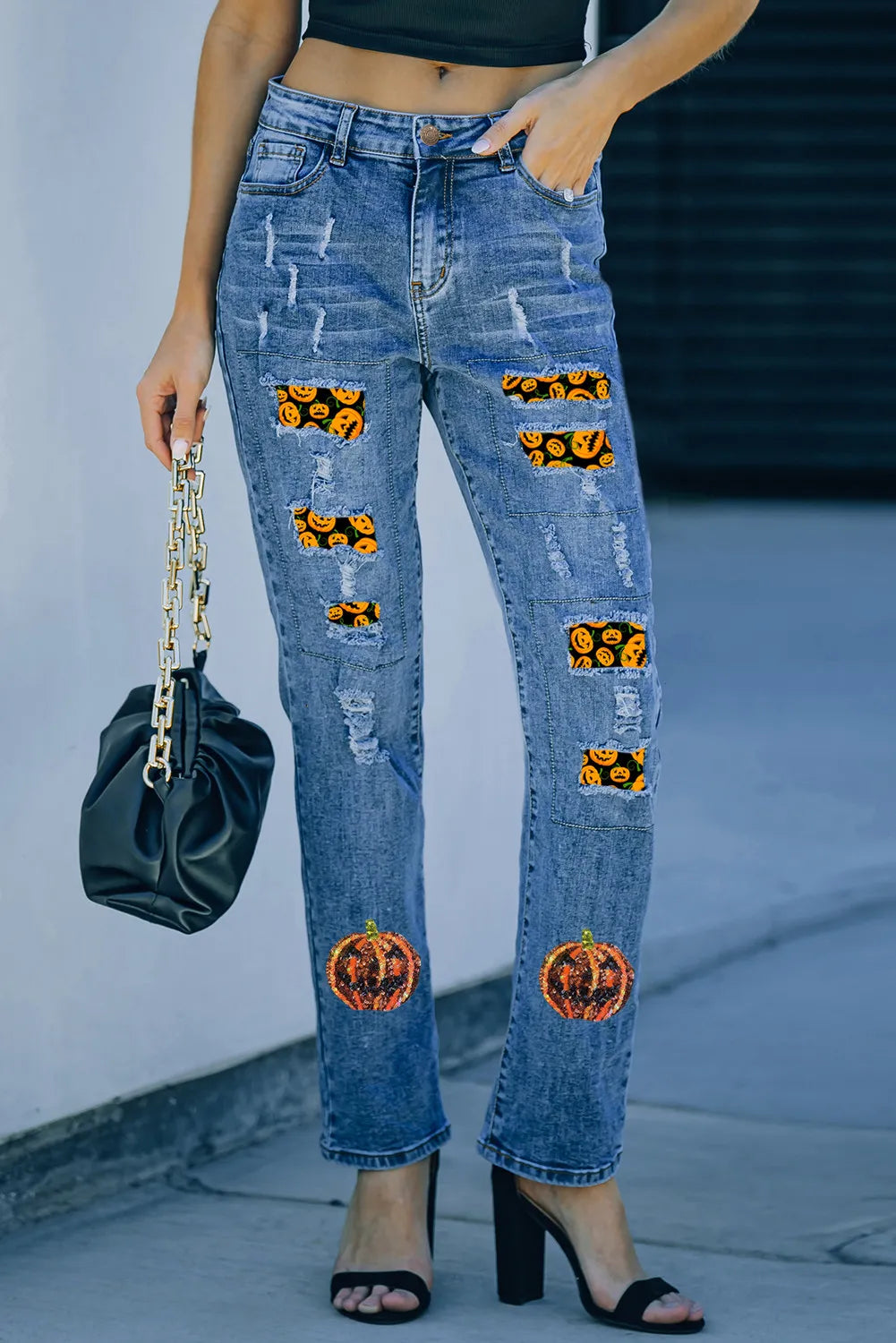 Explore More Collection - Pumpkin Distressed Straight Jeans