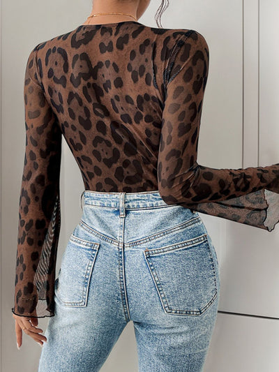 Explore More Collection - Perfee Leopard V-Neck Lace Bodysuit