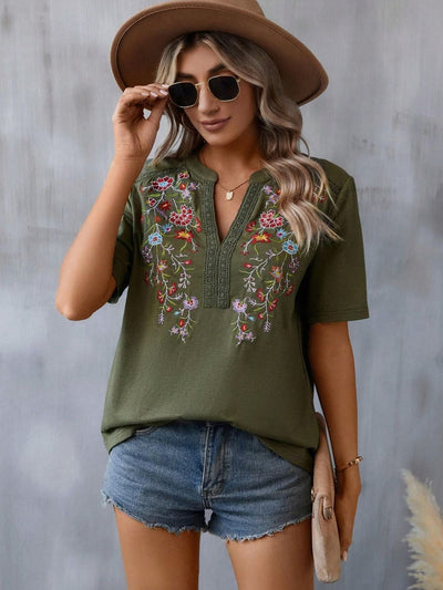 Explore More Collection - Embroidered Notched Short Sleeve T-Shirt