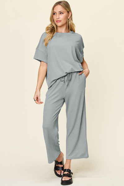 Explore More Collection - Double Take Full Size Texture Round Neck Short Sleeve T-Shirt and Wide Leg Pants