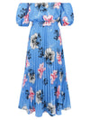 Explore More Collection - Pleated Floral Off-Shoulder Short Sleeve Midi Dress