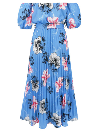 Explore More Collection - Pleated Floral Off-Shoulder Short Sleeve Midi Dress