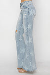 Explore More Collection - RISEN Mid Rise Button Fly Start Print Flare Jeans