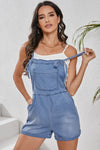 Explore More Collection - Pocketed Spaghetti Strap Denim Romper