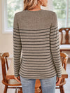 Explore More Collection - Quarter Button Striped Round Neck Long Sleeve T-Shirt