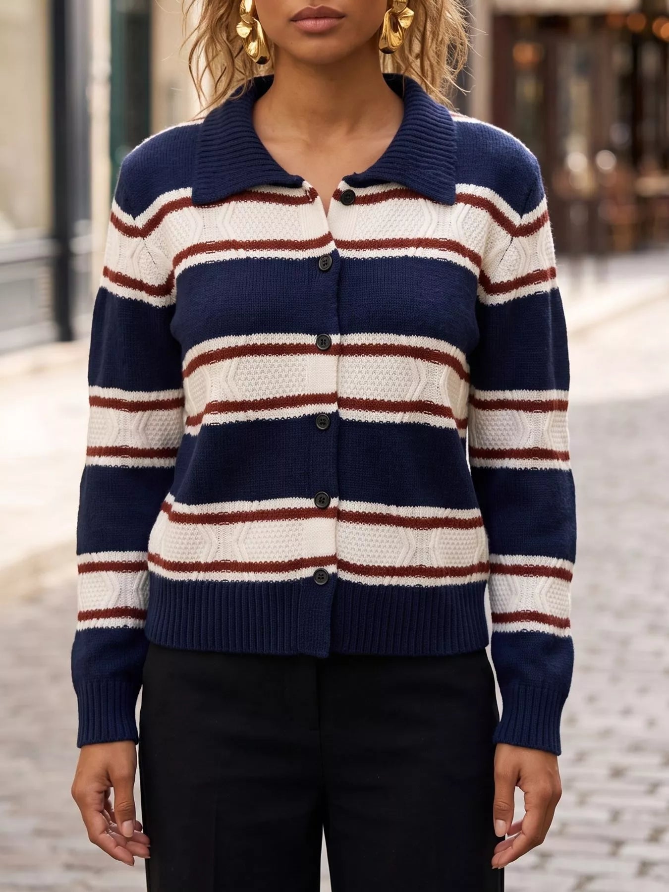 Vintage-Inspired Striped Knit Cardigan with Polo Collar