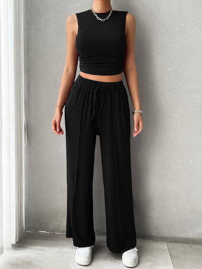 Explore More Collection - Mock Neck Sleeveless Top and Drawstring Pants Set