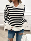 Explore More Collection - Striped Collared Neck Long Sleeve Sweater