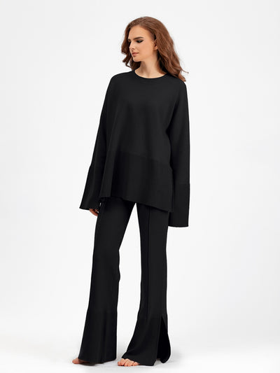 Explore More Collection - Basic Bae Slit Round Neck Long Sleeve Top and Drawstring Pants Sweater Set