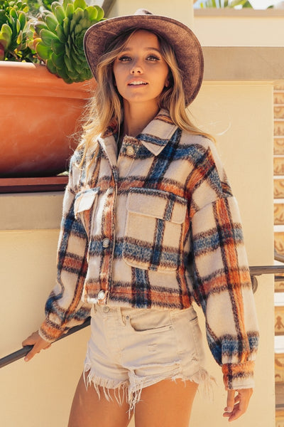 Explore More Collection - BiBi Brushed Plaid Crop Jacket with Pockets