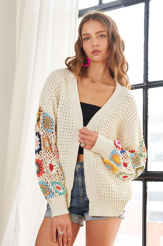 Explore More Collection - ADORA Plus Size Contrast Crochet Open Front Long Sleeve Cardigan