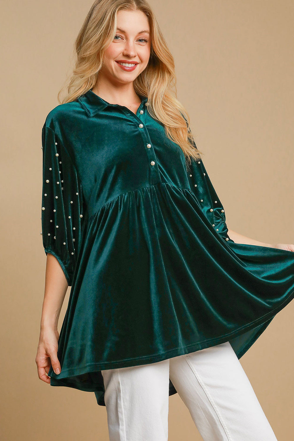 Explore More Collection - Umgee Pearl Detail Half Sleeve Velvet Babydoll Blouse