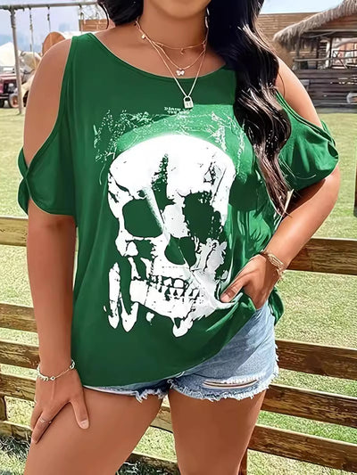 Explore More Collection - Plus Size Skeleton Graphic Round Neck Cold Shoulder T-Shirt