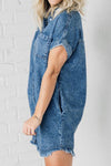 Explore More Collection - Raw Hem Pocketed Cap Sleeve Denim Dress