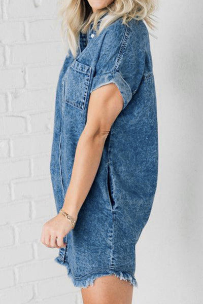 Explore More Collection - Raw Hem Pocketed Cap Sleeve Denim Dress