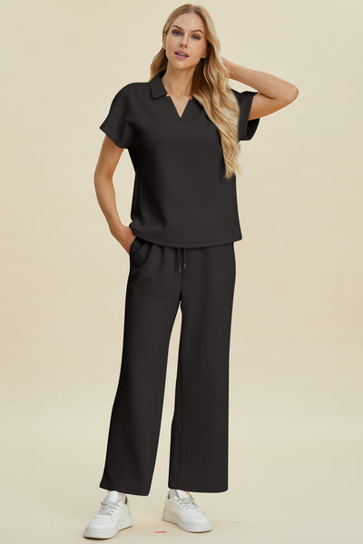 Explore More Collection - Double Take Full Size Collared Neck Short Sleeve Top and Pants Set