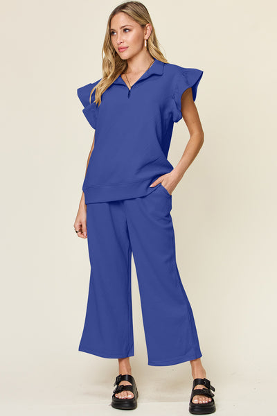 Explore More Collection - Double Take Texture Ruffle Short Sleeve Top and Drawstring Wide Leg Pants Set