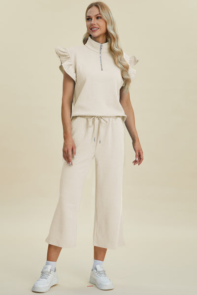 Explore More Collection - Double Take Full Size Texture Ruffle Short Sleeve Top and Wide Leg Pants Set