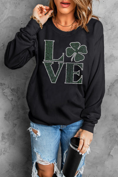 Explore More Collection - LOVE Rhinestone Clover Round Neck Sweatshirt