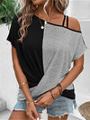 Explore More Collection - Contrast Asymmetrical Neck Short Sleeve T-Shirt