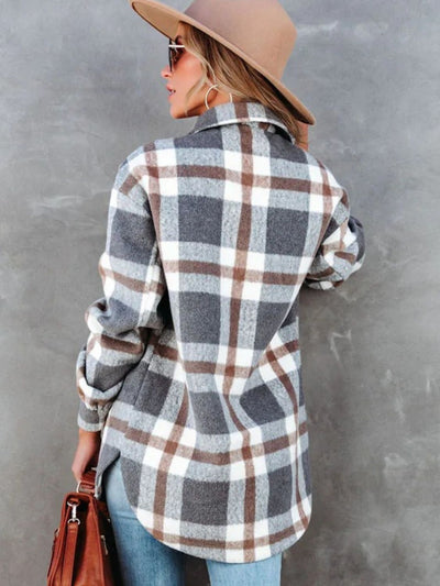 Explore More Collection - Plaid Collared Neck Long Sleeve Jacket