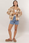 Explore More Collection - Plaid Collared Neck Boucle Jacket with Pockets