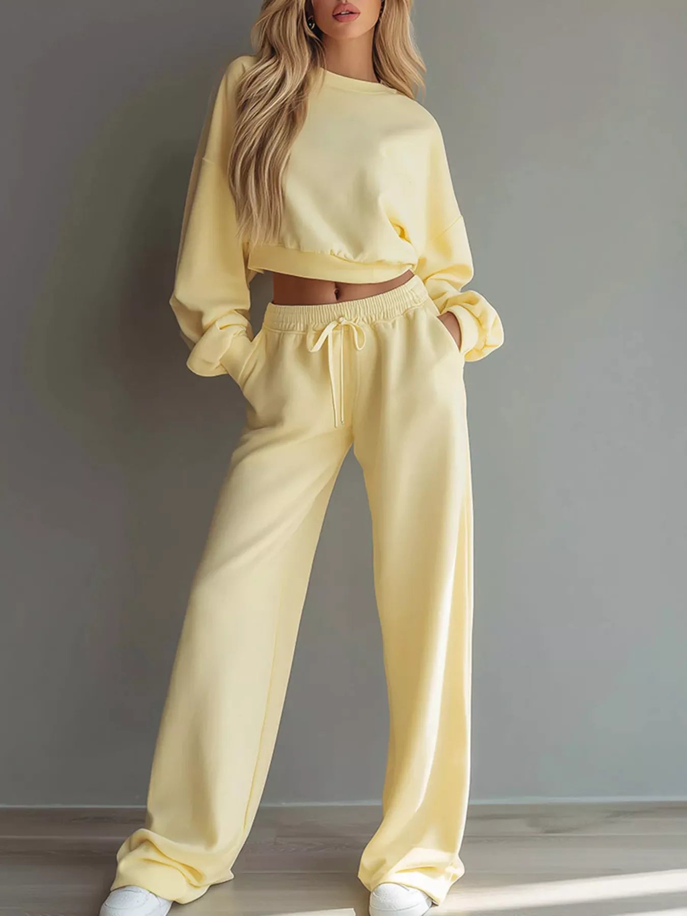 Round Neck Cropped Sweatshirt and Wide-Leg Pants