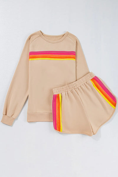 Explore More Collection - Full Size Contrast Striped Round Neck Top and Shorts Set