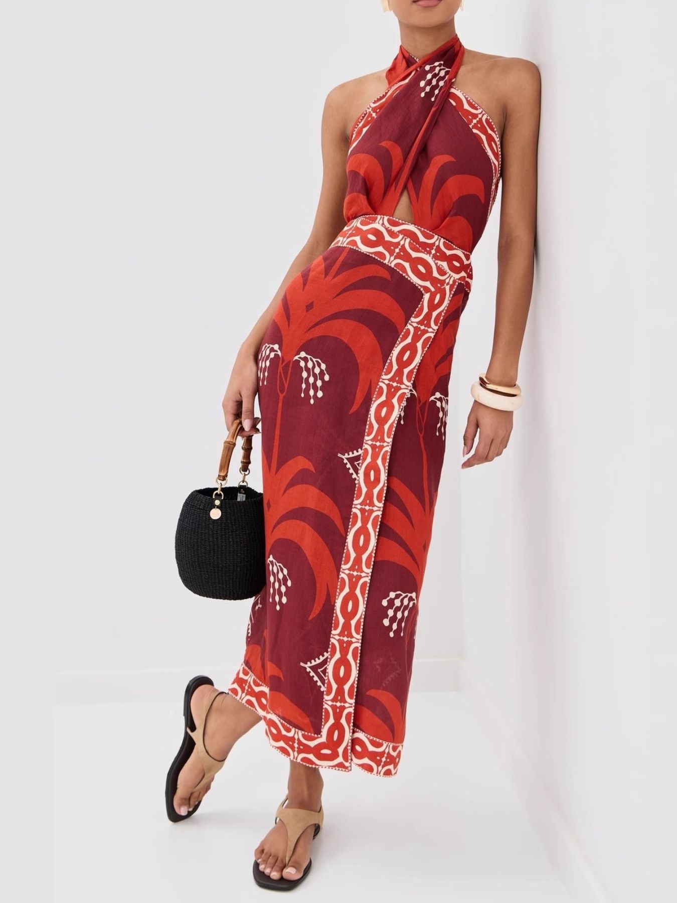 Tropical Print Halter Neck Wrap Dress