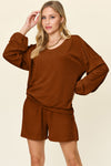 Explore More Collection - Double Take Full Size Texture V-Neck Long Sleeve T-Shirt and Shorts Set