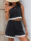 Explore More Collection - Contrast Trim Single Shoulder Top and Shorts Set