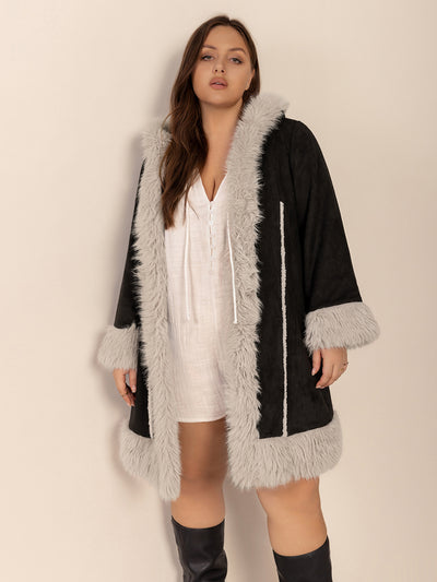 Explore More Collection - Plus Size Fuzzy Trim Open Front Long Sleeve Hooded Coat