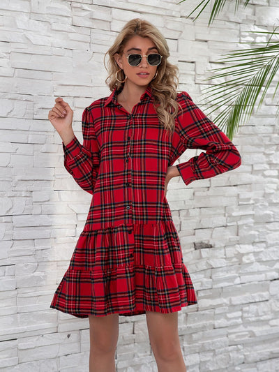 Explore More Collection - Ruffle Hem Plaid Button Down Long Sleeve Dress