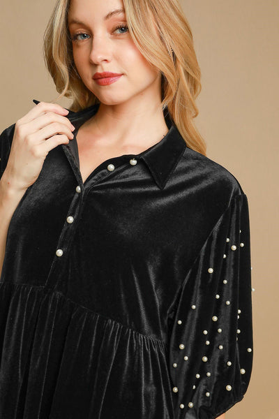 Explore More Collection - Umgee Pearl Detail Half Sleeve Velvet Babydoll Blouse