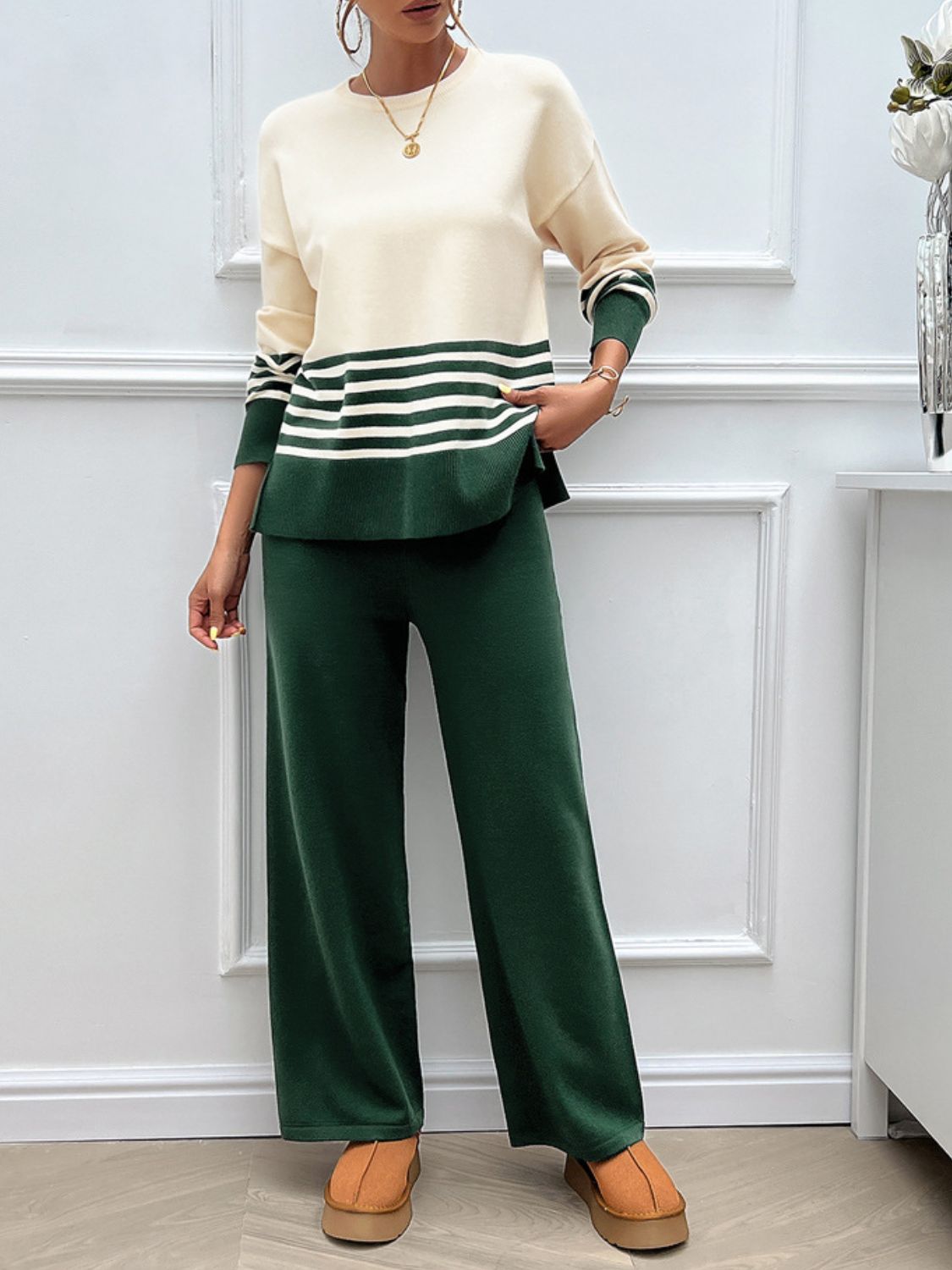 Explore More Collection - Devine Slit Striped Round Neck Top and Pants Sweater Set