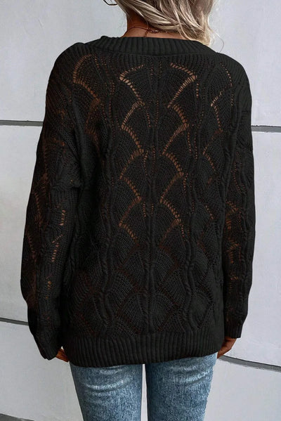 Explore More Collection - Openwork V-Neck Long Sleeve Sweater