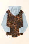 Explore More Collection - Leopard Distressed Drawstring Hooded Denim Jacket